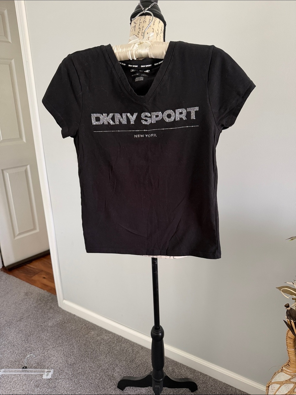 DKNY Sport Black V-Neck Logo Tee